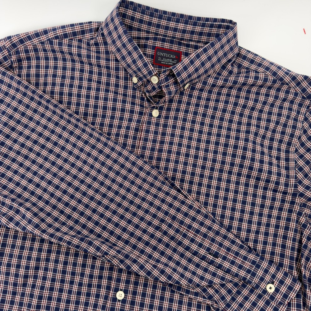 UNTUCKit Mens XL Performance Plaid Button Down Navy Red‎ Stretch Long Sleeve